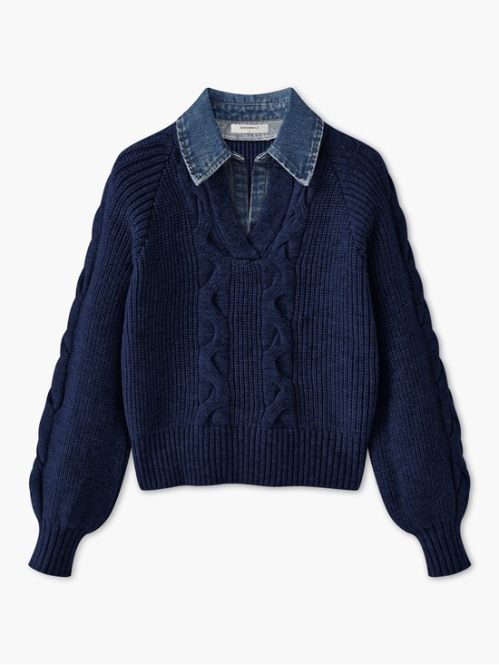 Commense Sweaters - Commense Navy Cable-Knit V-Neck Sweater with Denim Collar woman’s